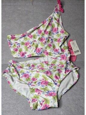 SOL SWIM  Girls One Shoulder Bikini Swimsuit Floral Pink Multi UPF 50+ XL 16 NWT